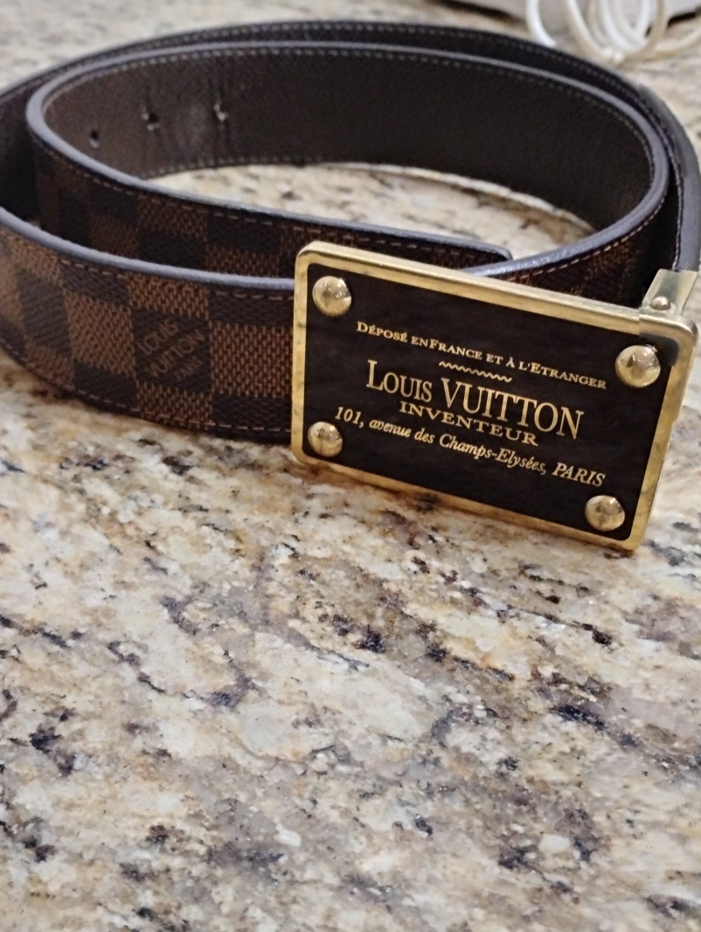 Authentic Louis Vuitton Brown Damier Canvas Belt with Gold Plaque Buckle